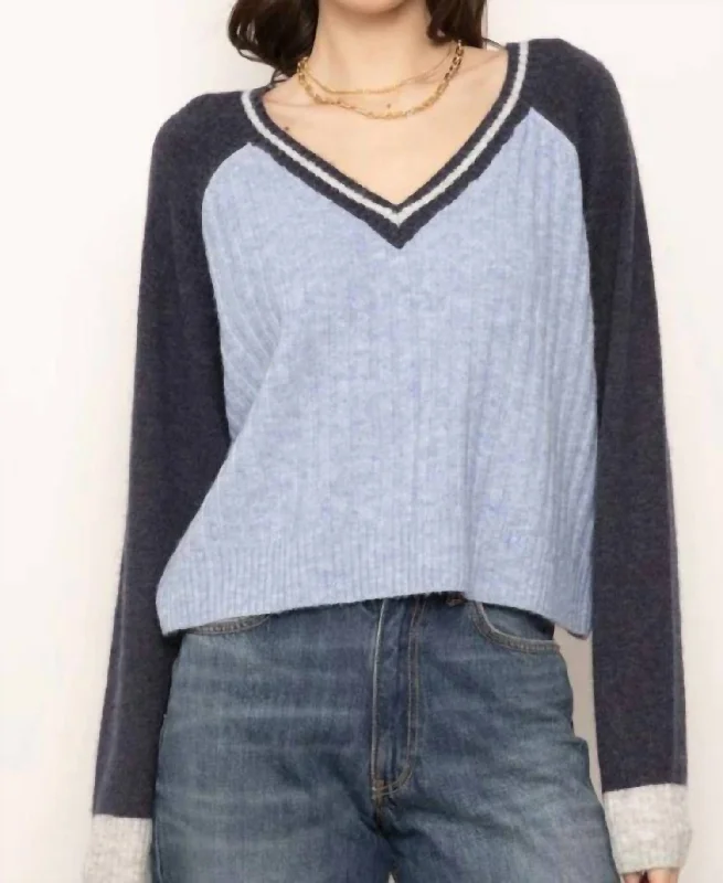 Millie Varsity V Neck Sweater In Blue Multi Dapper Women's Bow - adorned