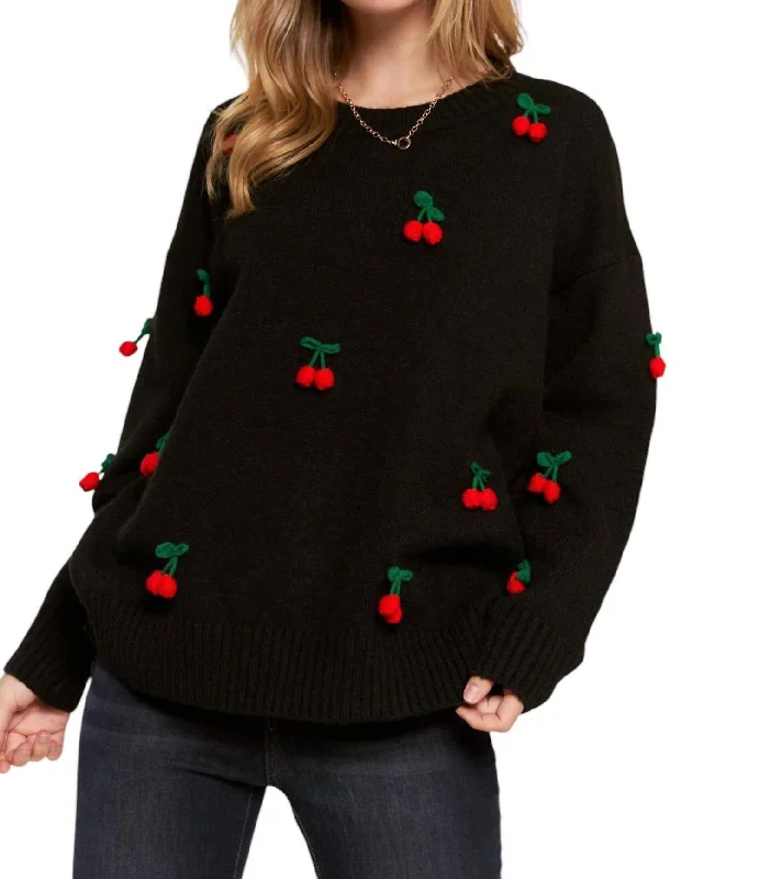Shirley Temple Cherry Pom Sweater In Black Cashmere