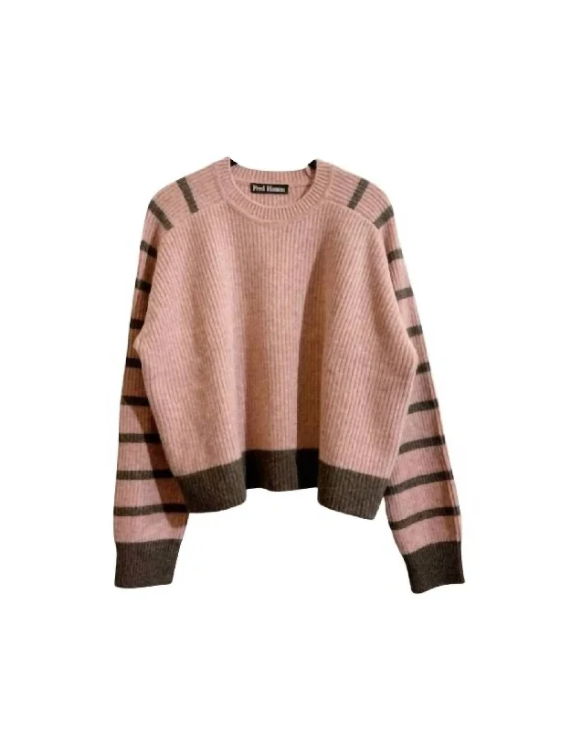 Women's Placed Stripe Shaker Plush Sweater In Pink/brown Traditional Women's 