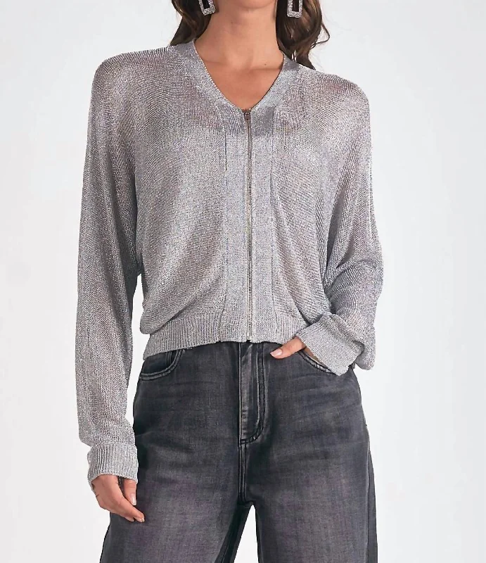 Metallic Sweater Cardigan In Silver Tough Women's Military - inspired