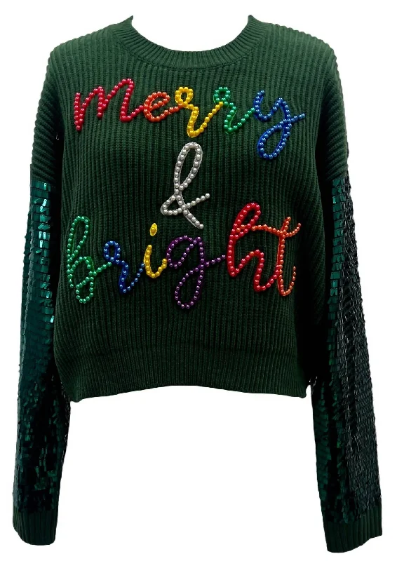 Women's Merry & Bright Sequin Sweater In Greeen Tough Women's Military - inspired