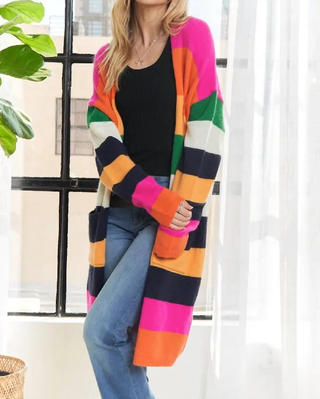 Multi Color Cardigan In Fuschia Pink,orange Laid - back Women's Style