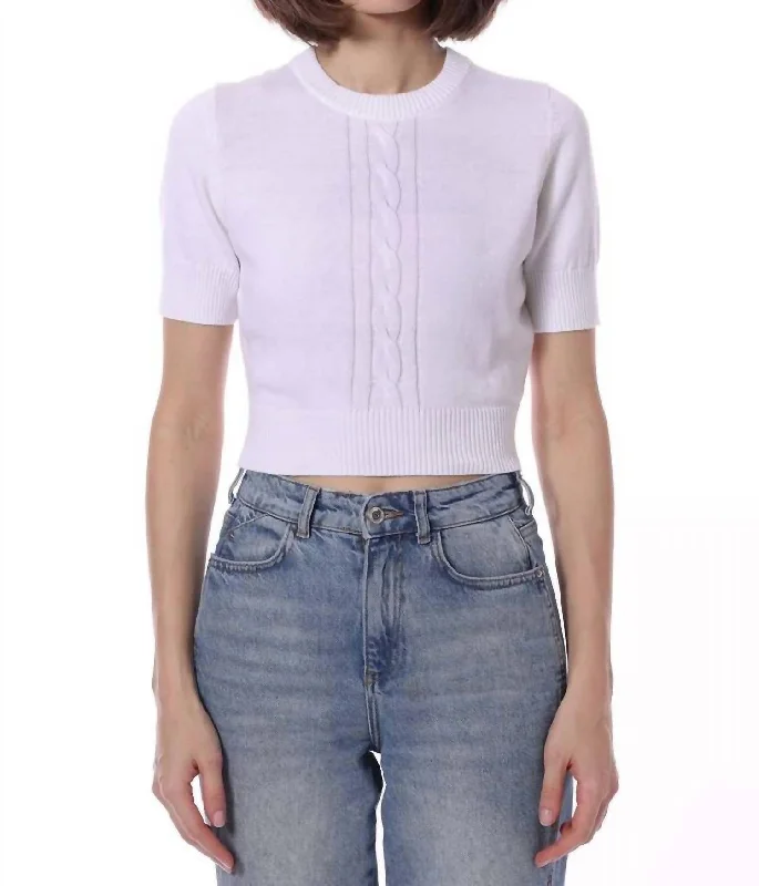 Short Sleeve Cropped Center Cable Sweater In White Dapper Women's Bow - adorned
