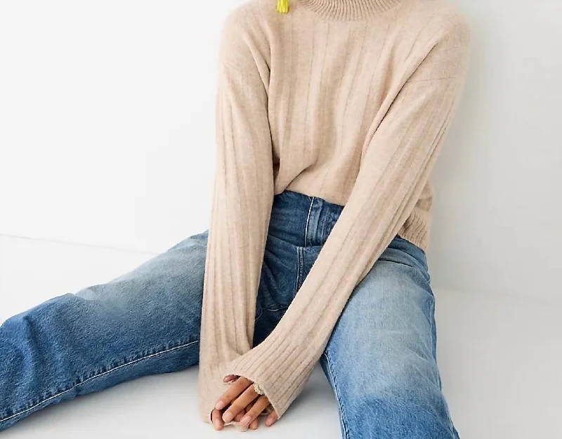 Ribbed Mockneck Sweater In Supersoft Yarn In Camel Monochromatic Office Style