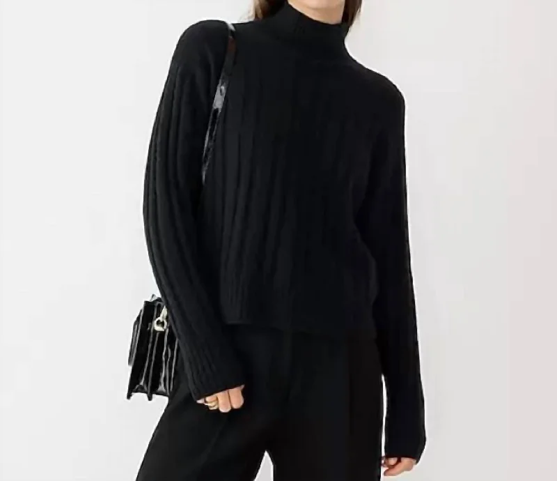Ribbed Mockneck Sweater In Supersoft Yarn In Black Laid - back Women's Style