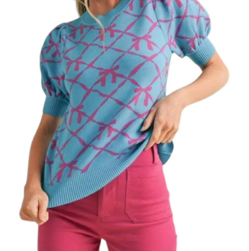Short Sleeve Bow Pattern Sweater In Blue Modern Women's 