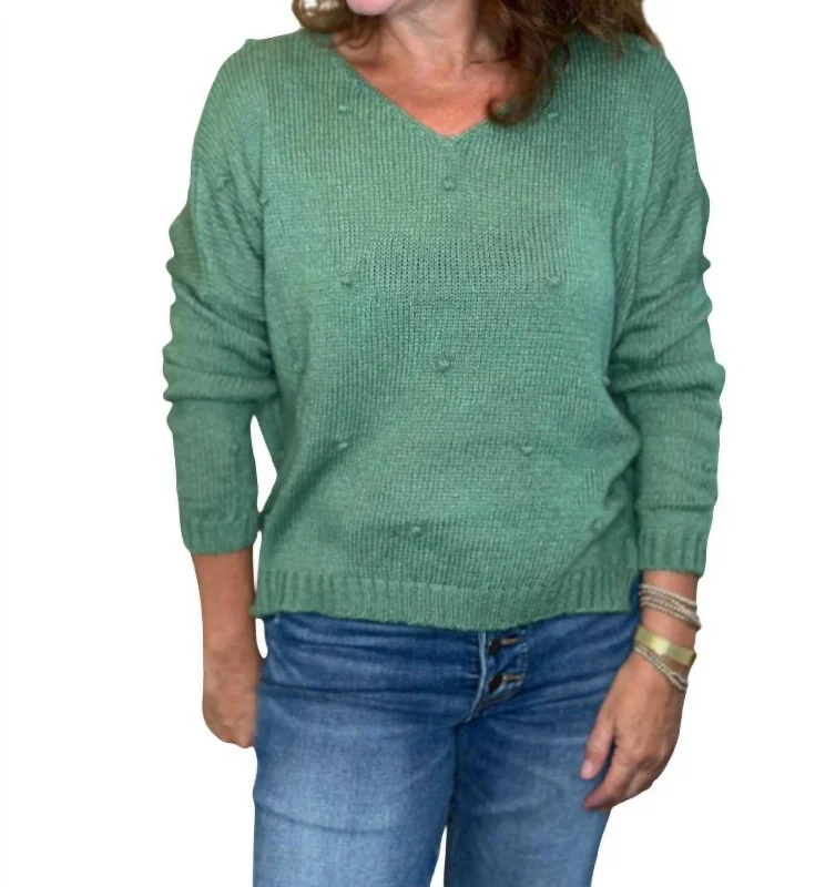Mini Popcorn V Neck Lightweight Sweater In Shadle Green Classic Women's Pin - striped