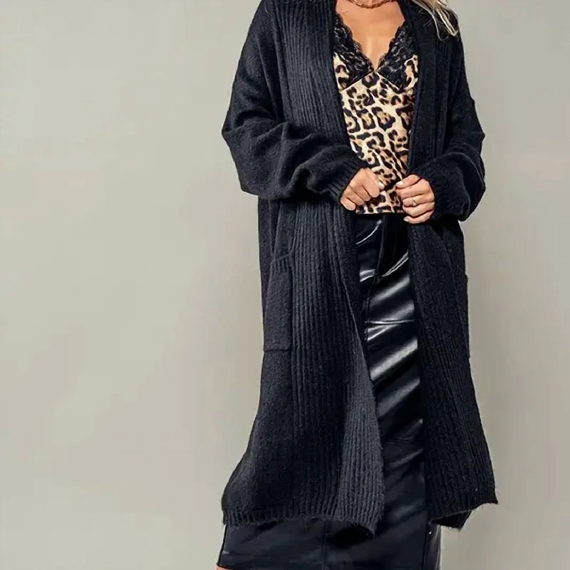 Textured Soft Ribbed Knit Long Open Cardigan With Front Pockets One Sizewith Front Pockets In Black British Gentlewoman Style