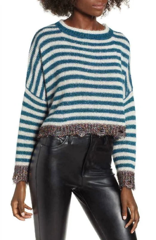 Tinsel Stripe Metallic Crop Holiday Christmas Long Sleeve Sweater In Multicolor Geometric