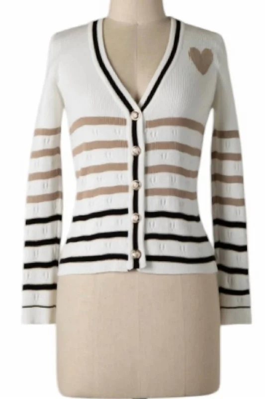 Women's Heart Stripe Cardigan In Black, Khaki And White Casual Women's Loose - fitting