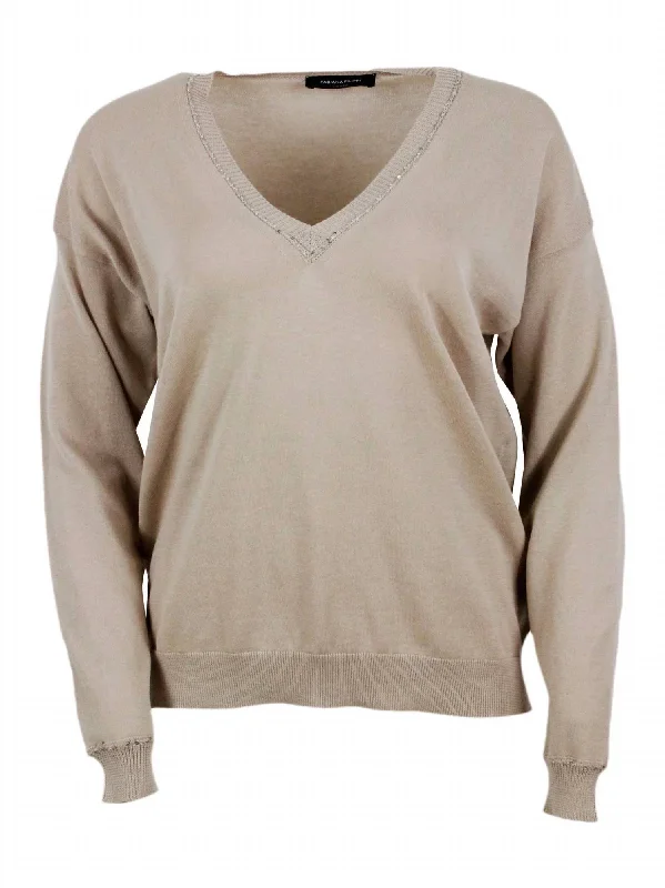 Women's V-Neck Knitted Sweater In Sabbia Country