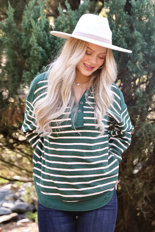 Confirmed Vibe Hunter Green Striped Collared Top - DOORBUSTER Polished Women's Silk