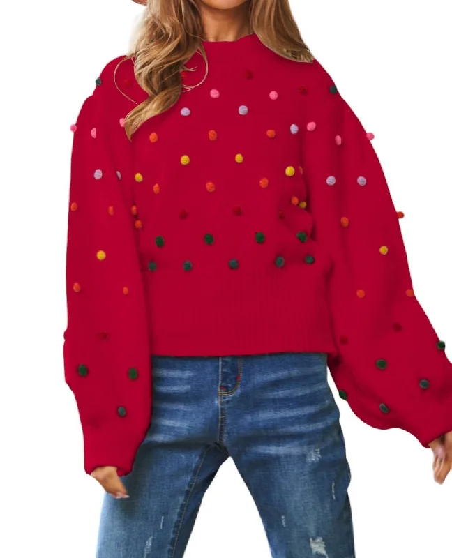 Party Isn't Over Pom Sweater In Red Tough Women's Military - inspired