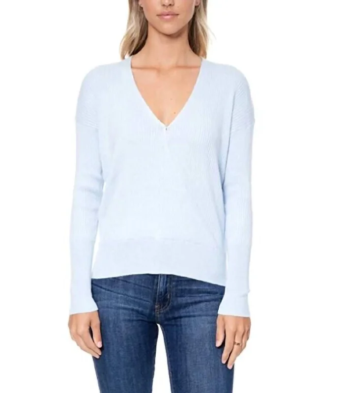 Surplice Ribbed Faux Wrap V Neck Sweater In Blue Hip Women's Retro