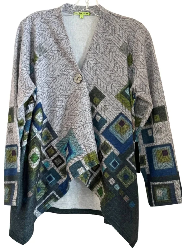 Women's One Button Cardigan In Grey/teal Trendy Women's Oversized