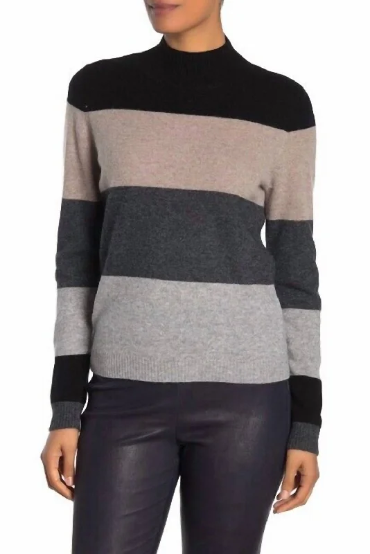Cashmere Pullover Mock Neck Wide Stripes Sweater In Multicolor Cool Women's Distressed