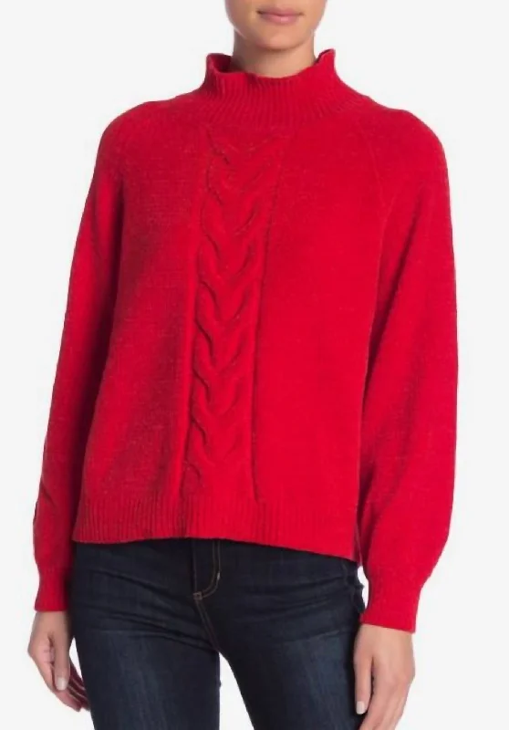 Chenile Soft Mock Neck Sweater In Red Preppy Women's College