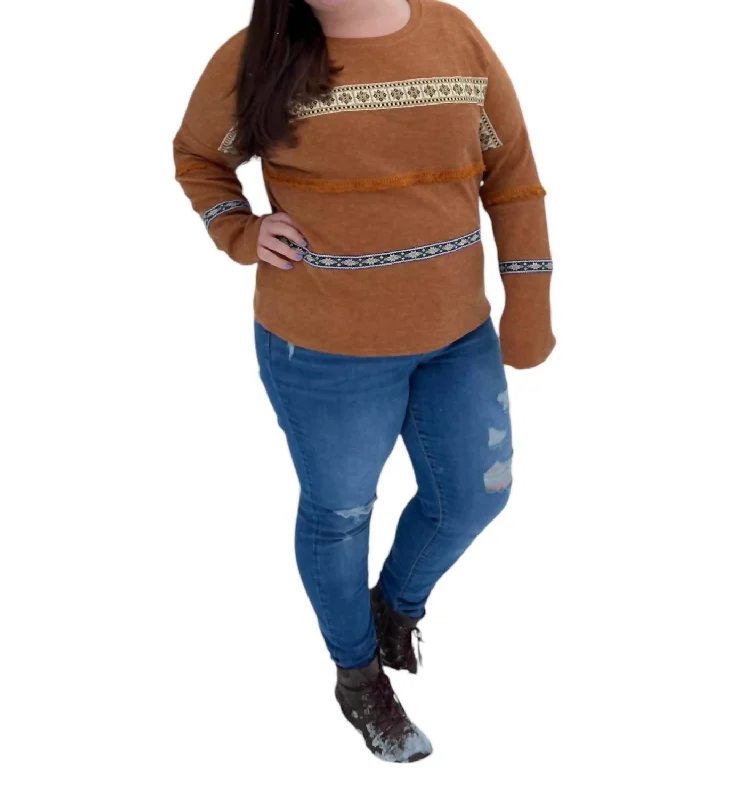 Long Sleeve Sweater Plus In Camel Brown Polished Women's Silk