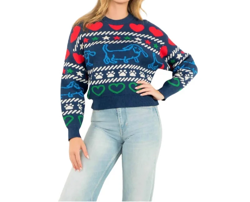 Fun Pattern Knit Crew Neck Sweater In Navy Blue Monochromatic All - in - one