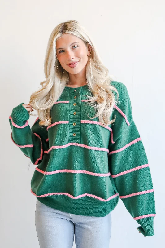 Memorably Stylish Hunter Green Striped Sweater Artistic Women's Hand - painted