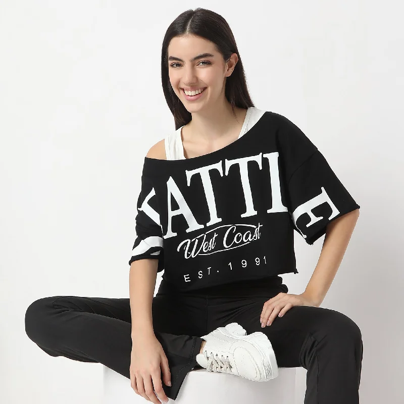 Printed Boat Neck Betty Short Sleeve Crop Boxy Fit Tee with Front Print T-Shirt Streetwear Style for Printed Boat Neck Betty Short Sleeve Crop Boxy Fit Tee with Front Print T-Shirt Streetwear Style for