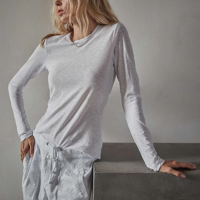 Sheer Slub Long Sleeve Crew - White Luxurious Women's High -  end