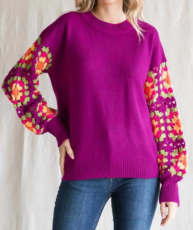 Solid Knit Crochet Sleeves Sweater In Magenta Hip Women's Retro