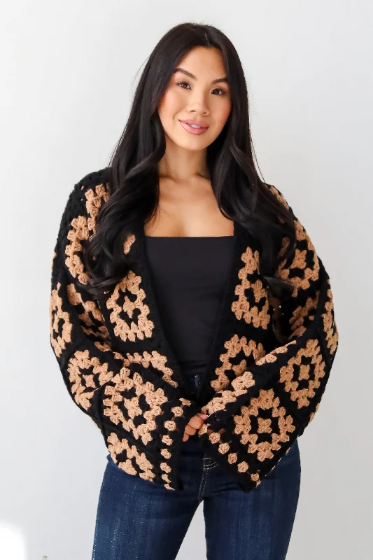 FINAL SALE - Timeless Warmth Black Crochet Knit Cardigan Hip Women's Urban