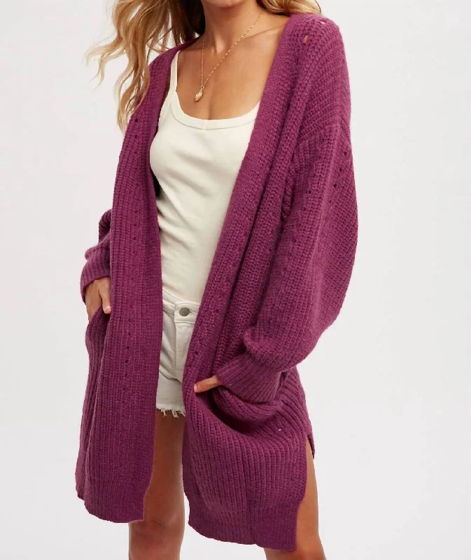 Pointelle Open Front Cardigan In Berry Refined Women's 