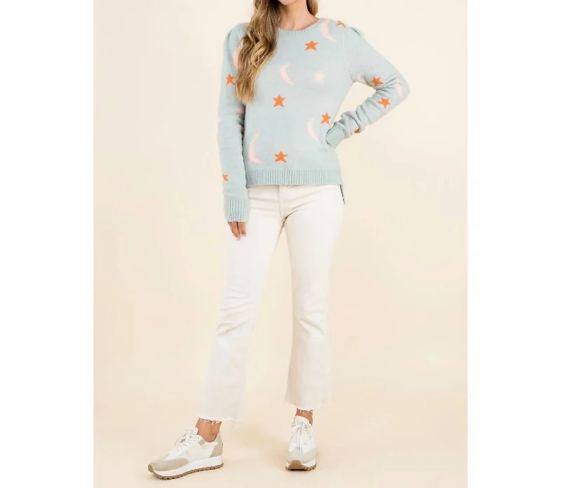 Star And Moon Knit Sweater In Light Blue Scandinavian