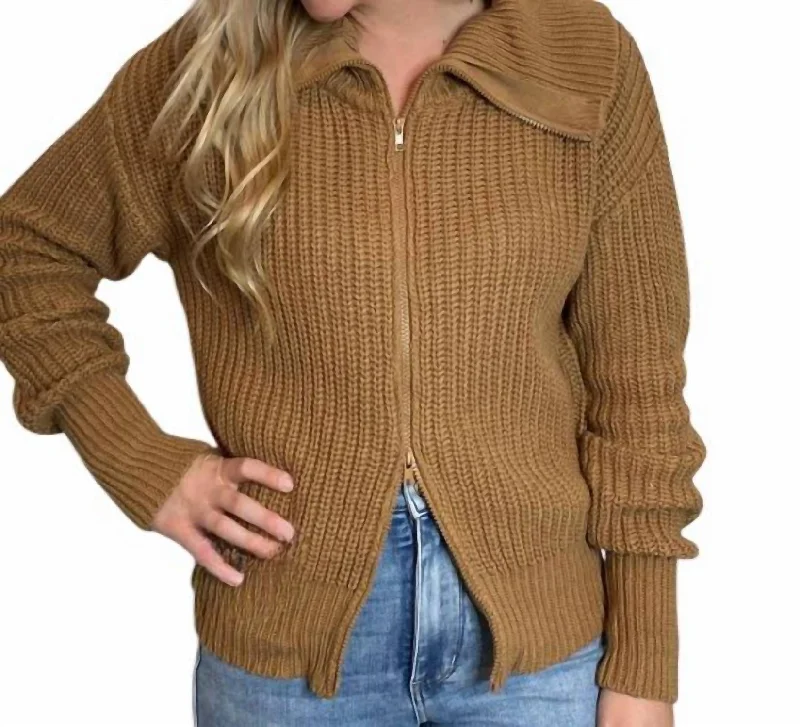 Wide Collar Full Zip Sweater In Camel Sporty Women's Athleisure 