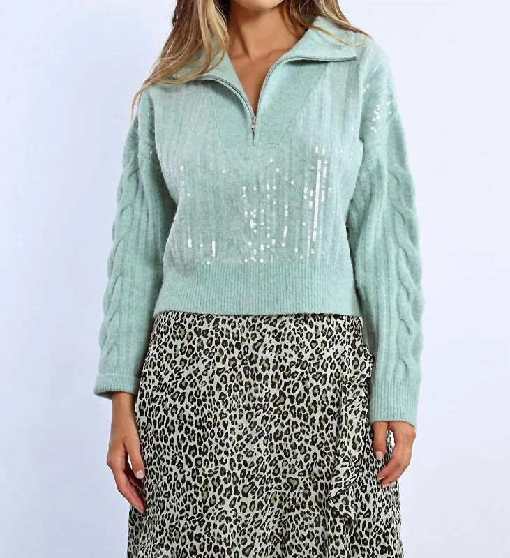 Qtr Zip Sequin Sweater In Mint Vintage Women's 1970S 