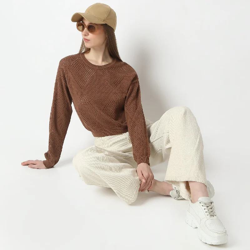 Structured Full Sleeve Flat Knits T-Shirt Bohemian Women's Free