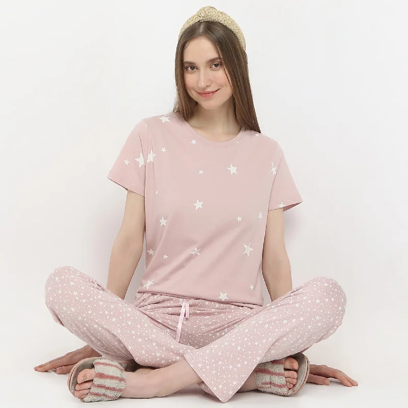 Star and Moon Print Crew Neck Short Sleeve Lounge T-Shirt Traditional Women's Wool