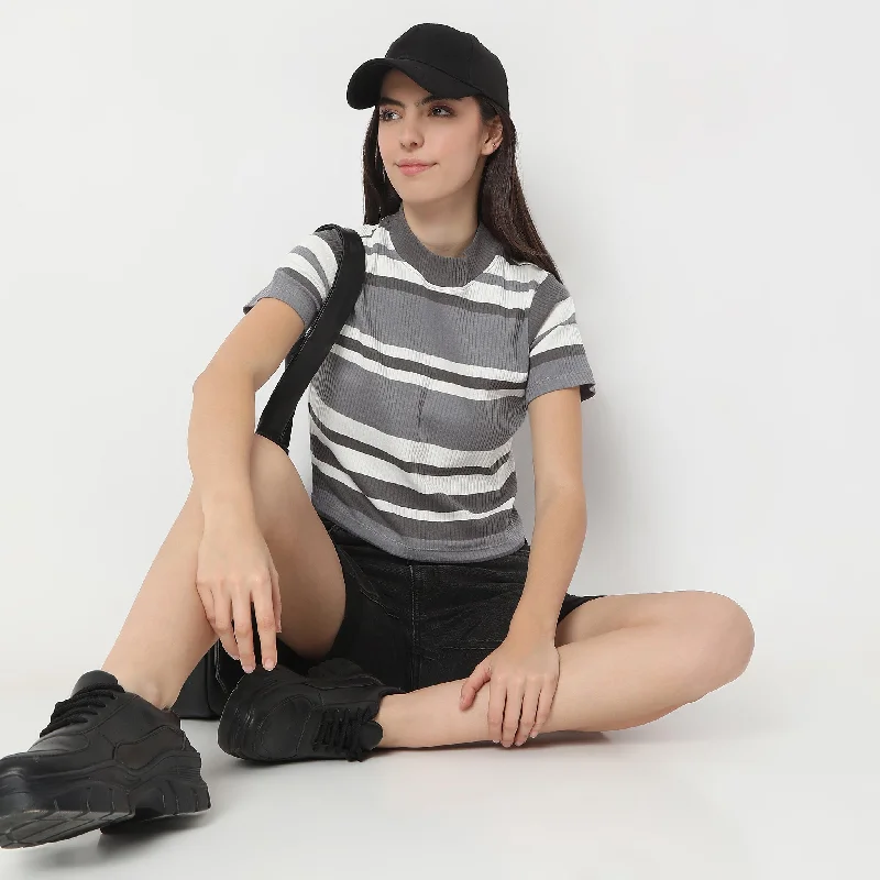 Slim Fit Striped Mock Turtle Neck Short Sleeve Crop T-Shirt purpose