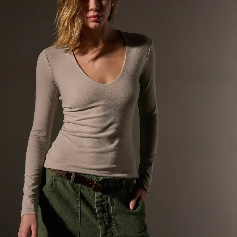 Stretch Lotus Deep V Tee - Tan Monochromatic Office Style