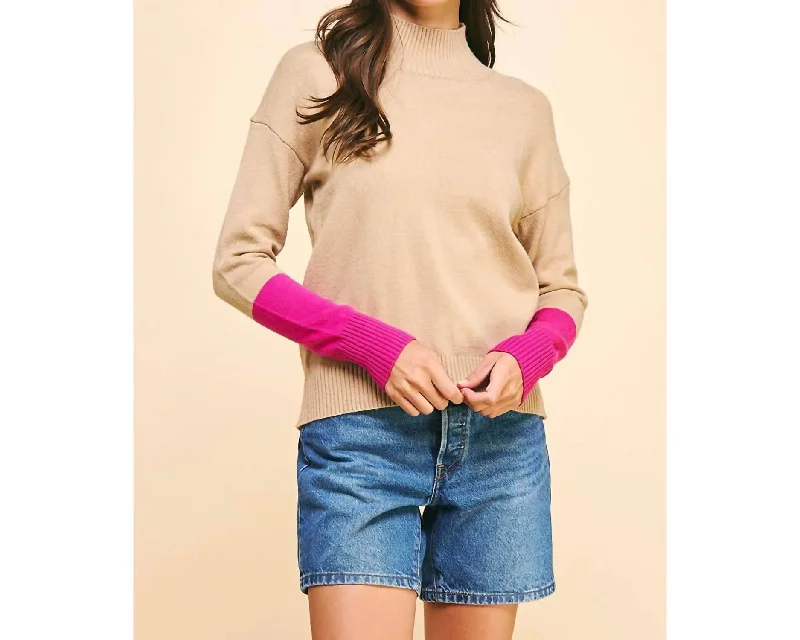 Color Block Mock Neck Sweater In Taupe Luxurious Women's High -  end