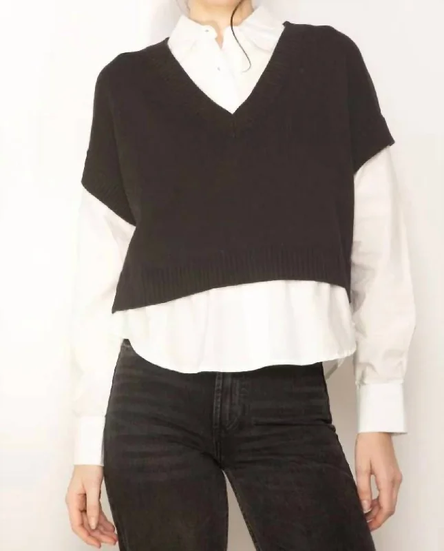Tessa Crop V Neck Twofer Sweater In Black/white Casual Women's Japanese 