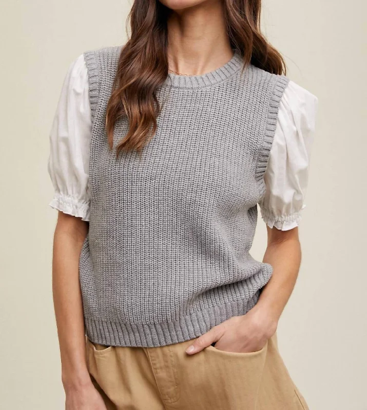 Twofer Puff Sleeve Sweater Blouse In Grey French