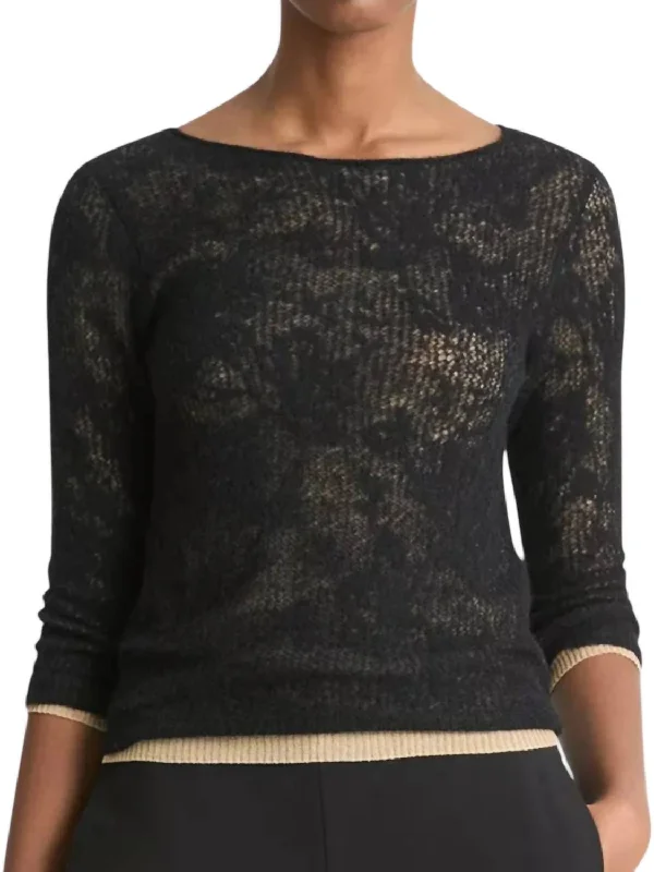 Lace Stitch Layered Sweater In Black/gold Cliff Trendy Women's Oversized