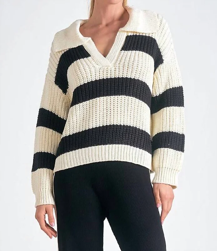 Striped Collared V-Neck Sweater In Black/white Athletic Women's High - 