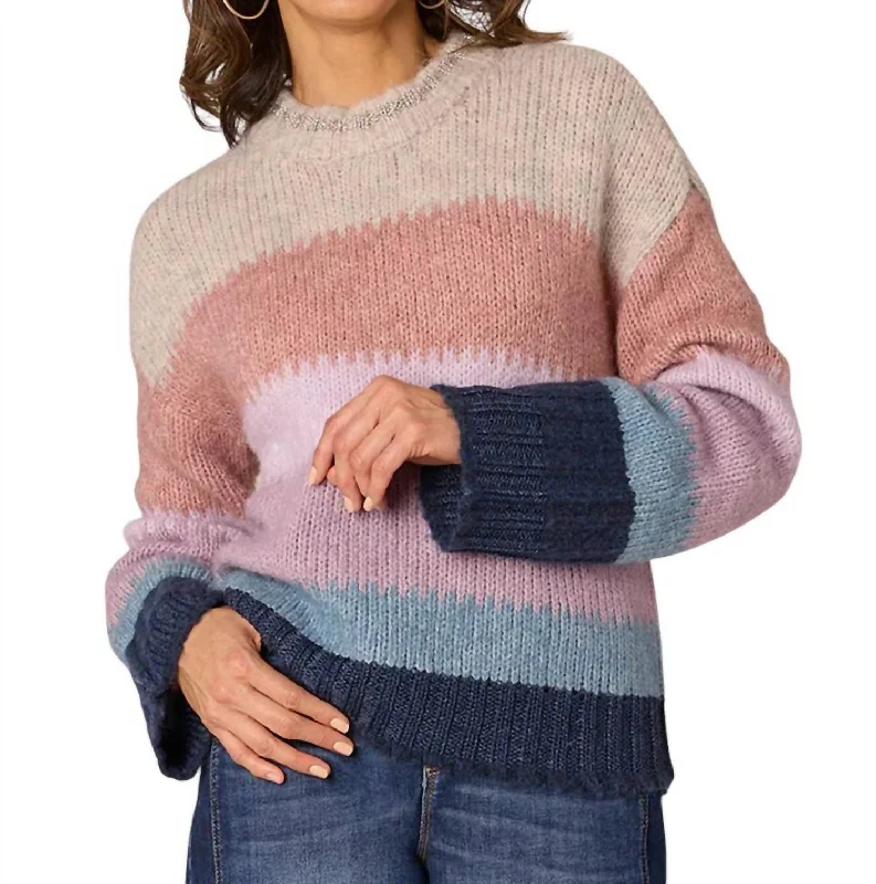 Soft Long Sleeve Metallic Accent Sweater Multi Color Striped Sweater In Oatmeal / Navy Multi French