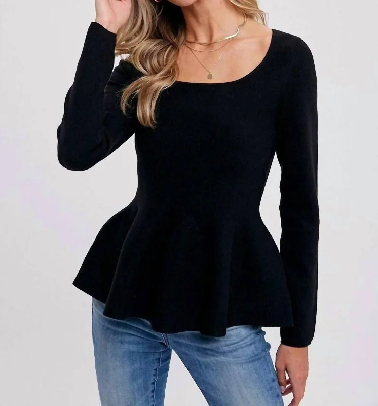 Square Neck Peplum Sweater In Black Compression