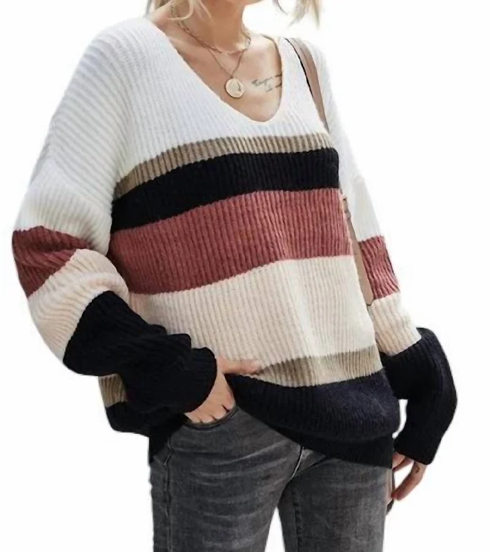 Harriet Striped V-Neck Sweater In Black Multi Earthy Women's 