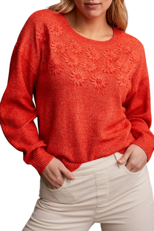 Crew Neck Sweater With Knit Floral Appliques In Crimson Sustainable Organic