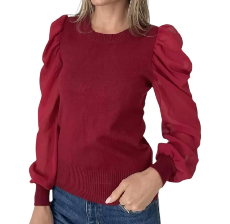 Stella Sheer Sleeve Sweater In Burgundy Relaxed Women's 