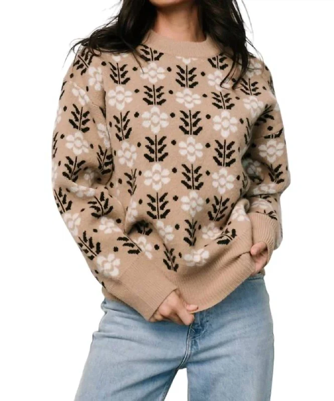 Brienne Floral Sweater In Taupe performance