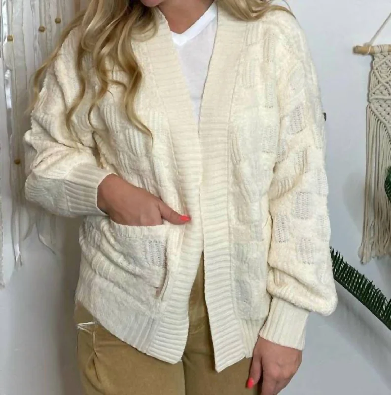 Fluffy Checker Cardigan In Ivory Cozy Women's Sherpa - lined