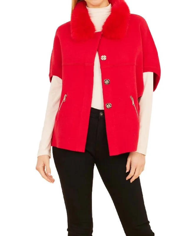 Faux Fur Trim Cardigan In Red Scandinavian