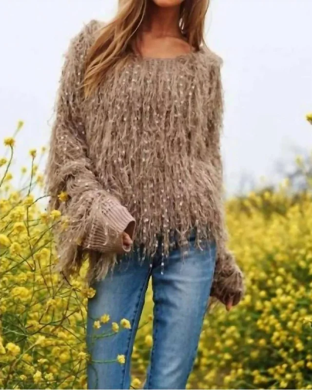 Fuzzy Embellished Sweater In Taupe Cool Women's Skate